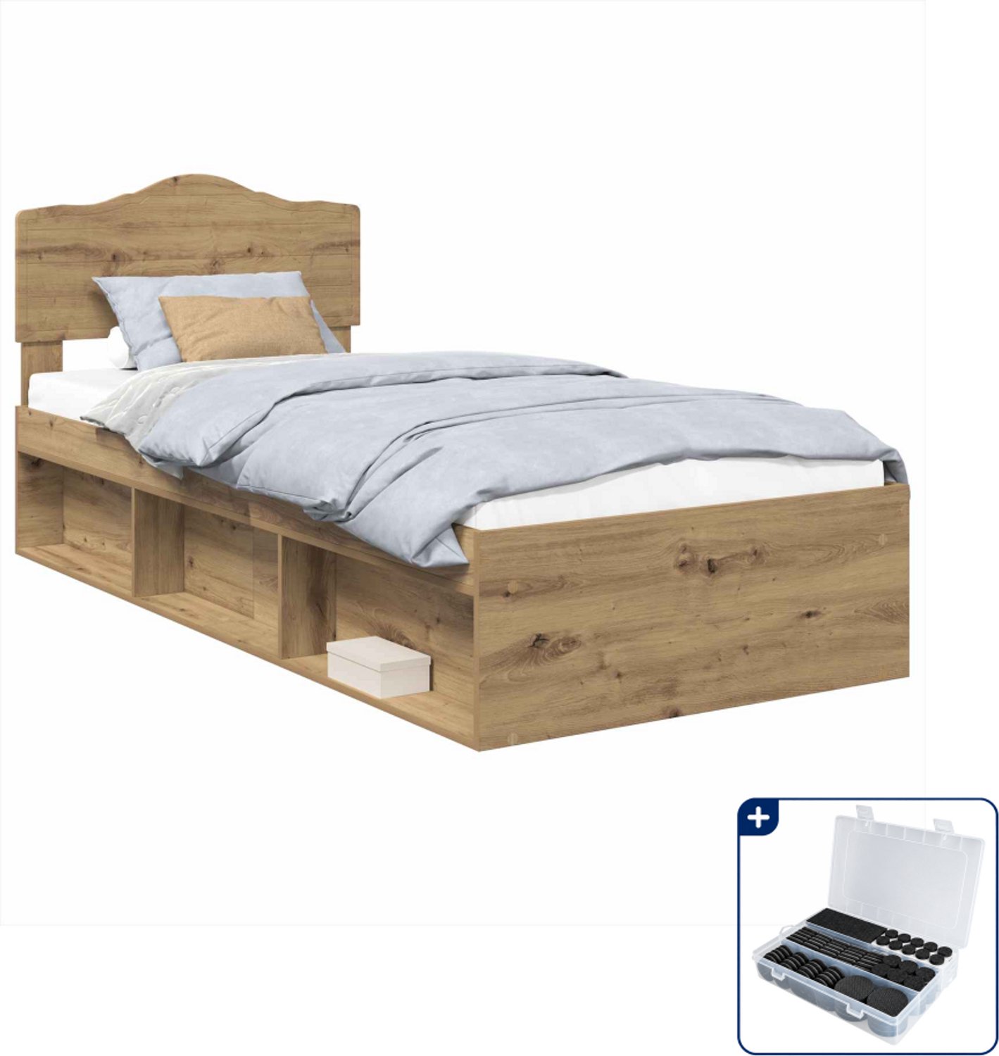 vidaXL bedframe - 90 x 190 cm - bewerkt hout en grenenhout - eiken - Inclusief antikrasvilt 177-delig Bruin