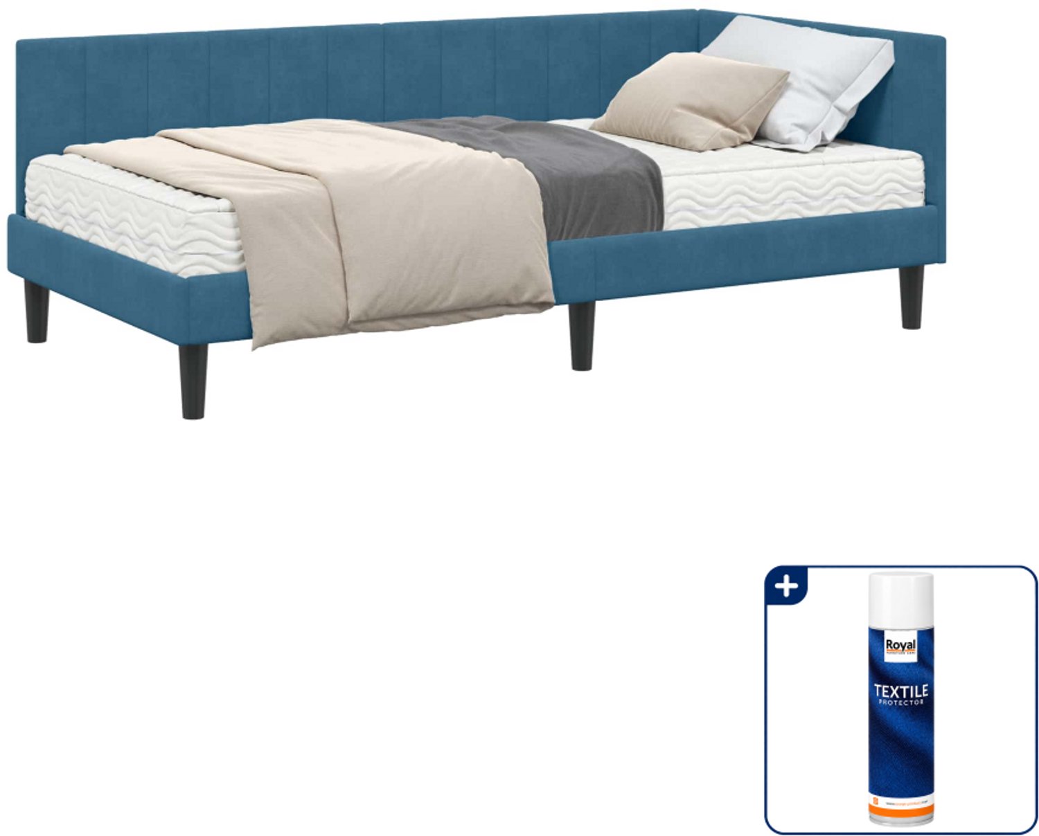 vidaXL hoekbed met matras - 90 x 190 cm - fluweel - blauw - Inclusief textielbeschermer 500 ml Lichtgrijs