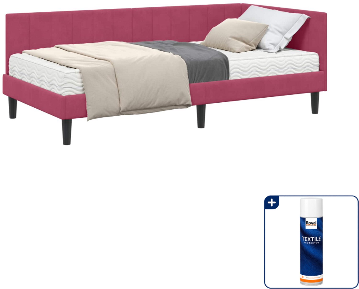 vidaXL hoekbedframe met matras - 90 x 200 cm - fluweel - wijnrood - Inclusief textielbeschermer 500 ml Lichtgrijs