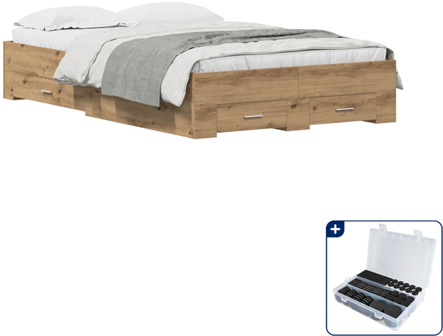 vidaXL Bedframe met lade - 120 x 200 cm - bewerkt hout - artisan eiken - Inclusief antikrasvilt 177-delig Crème