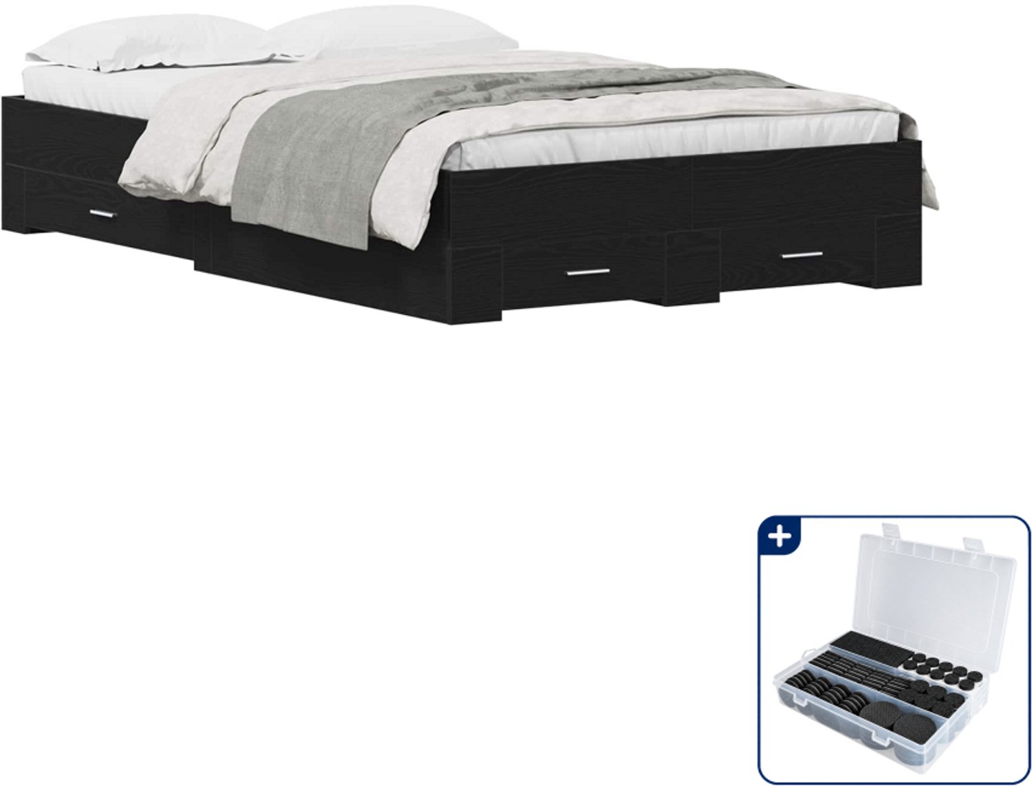 vidaXL bedframe met lade - 120 x 190 cm - bewerkt hout - zwart eiken - Inclusief antikrasvilt 177-delig Groen