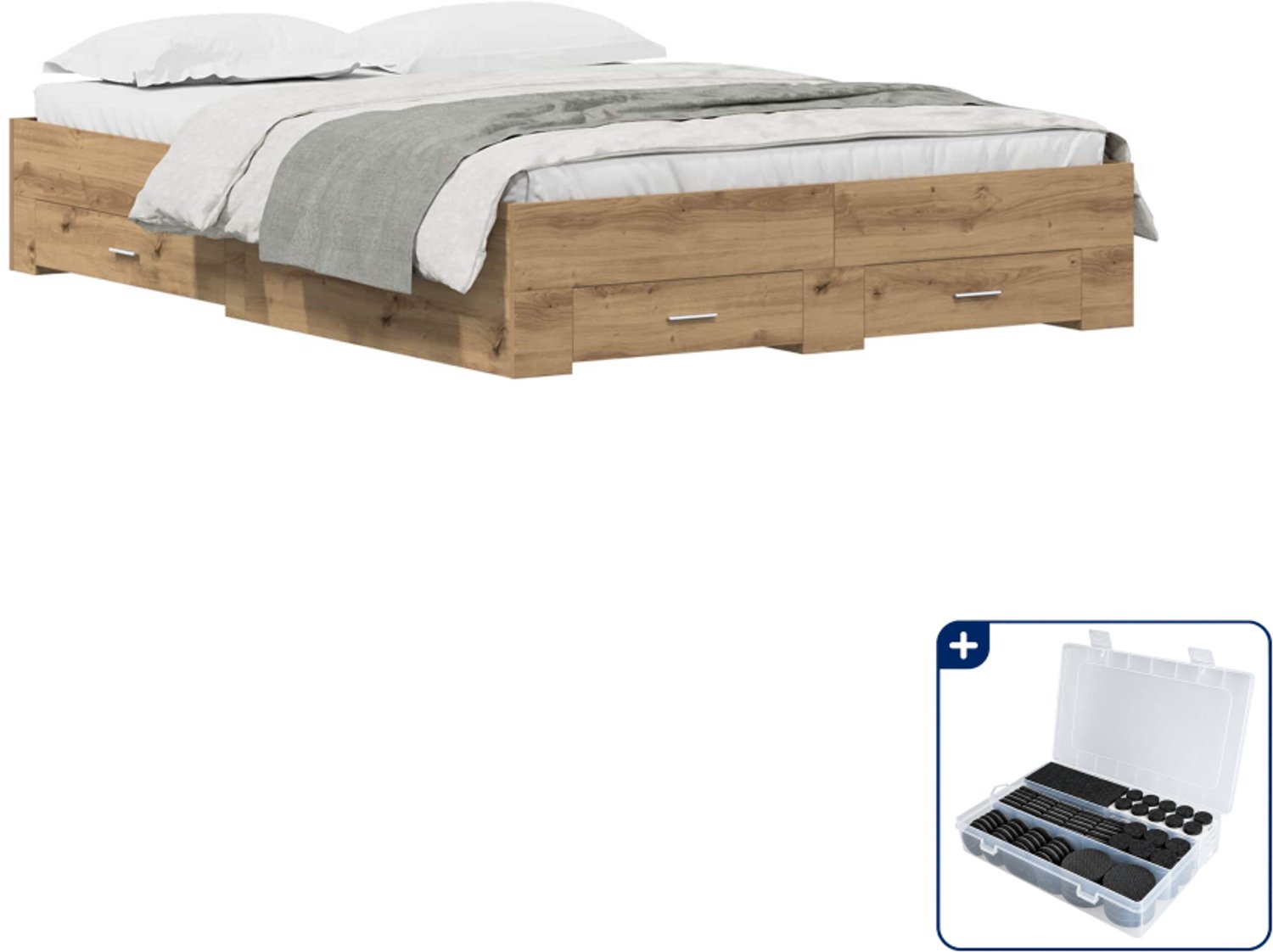 vidaXL Bedframe met lade - 135 x 190 cm - bewerkt hout - artisan eiken - Inclusief antikrasvilt 177-delig Groen
