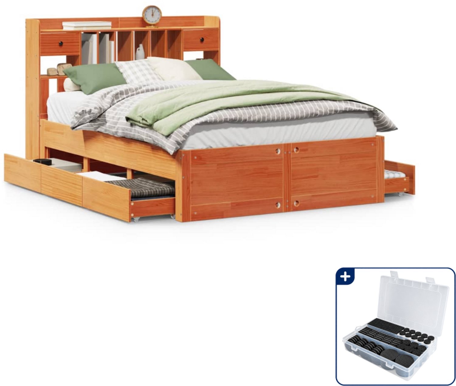 vidaXL bed met boekenkast - 150 x 200 cm - massief grenenhout - wasbruin - Inclusief antikrasvilt 177-delig Grijs