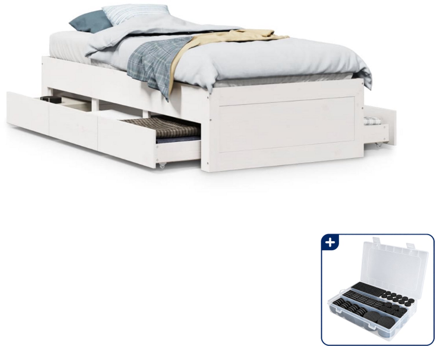 vidaXL bedframe met lades 75 x 190 cm - massief grenenhout - wit - Inclusief antikrasvilt 177-delig