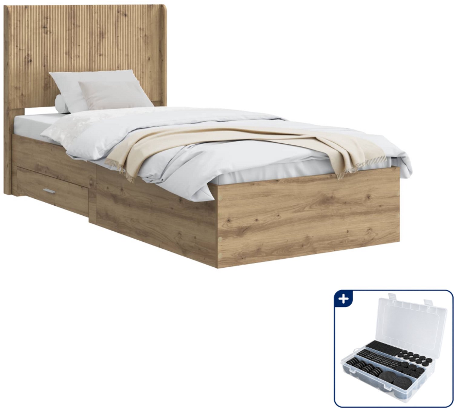 vidaXL Bedframe met opbergruimte - 90 x 200 cm - bewerkt hout - eiken - Inclusief antikrasvilt 177-delig Bruin