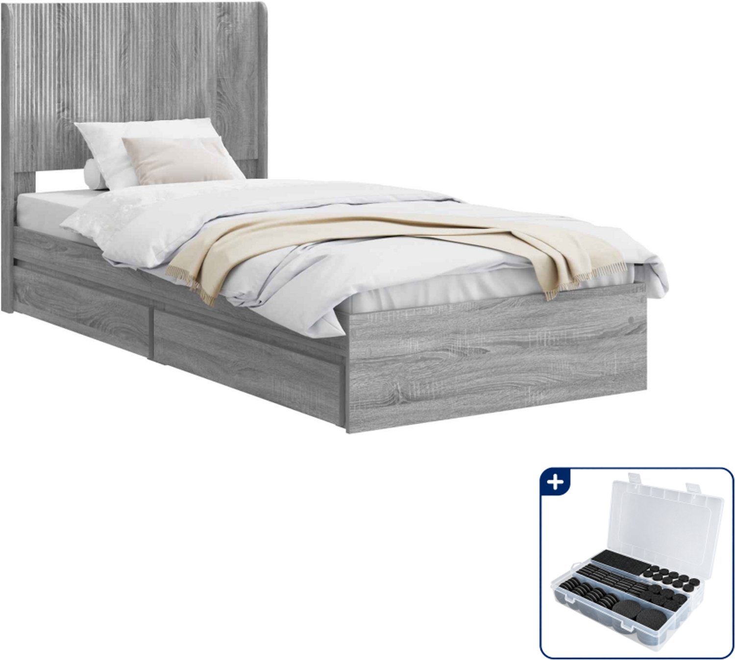 vidaXL bedframe met opbergruimte - 93 x 193 x 28 cm - bewerkt hout - grijs - Inclusief antikrasvilt 177-delig Lichtgrijs