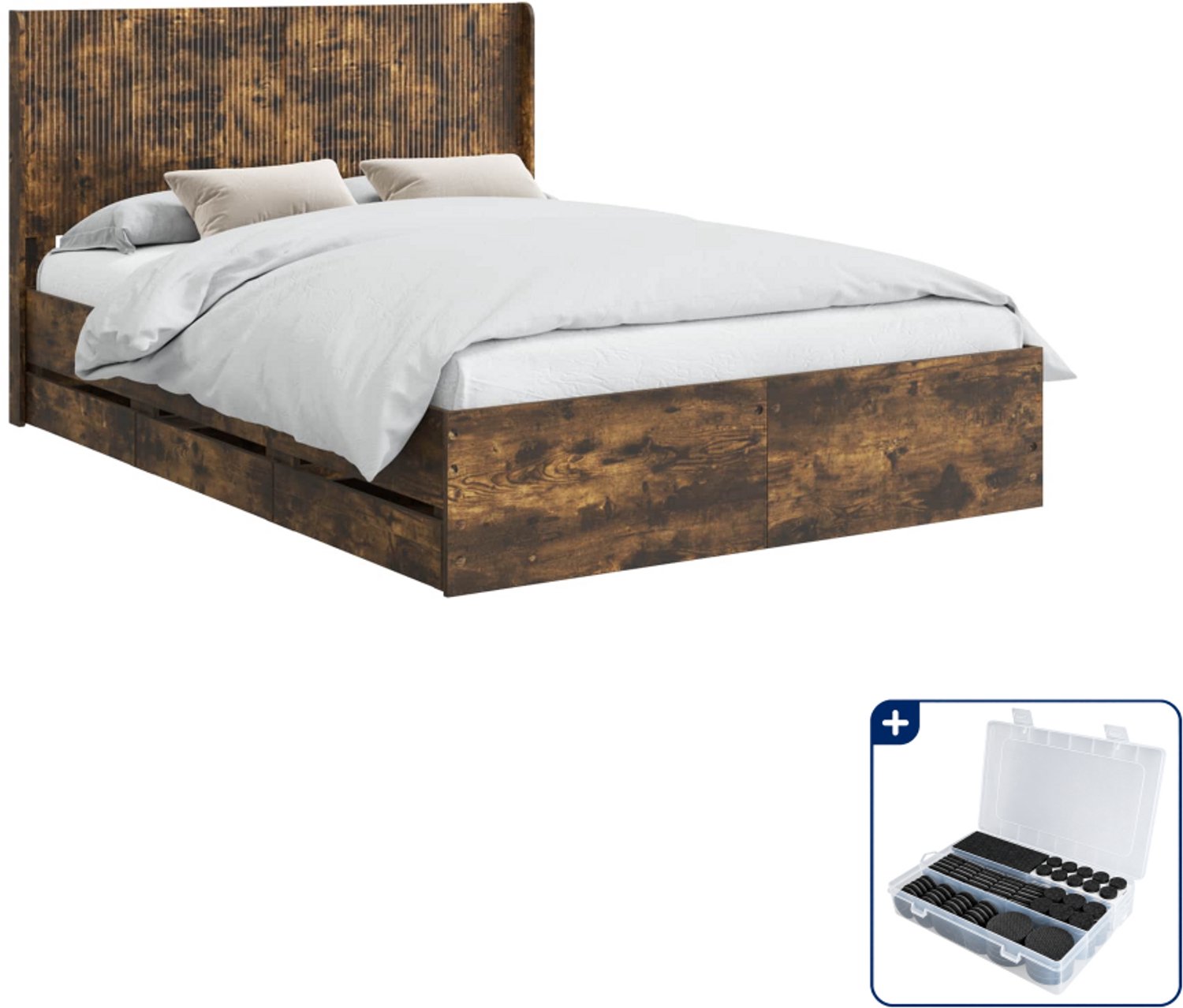 vidaXL bedframe met opbergruimte - 126,5 x 193 x 100 cm - bewerkt hout - gerookt eiken - Inclusief antikrasvilt 177-delig Bruin