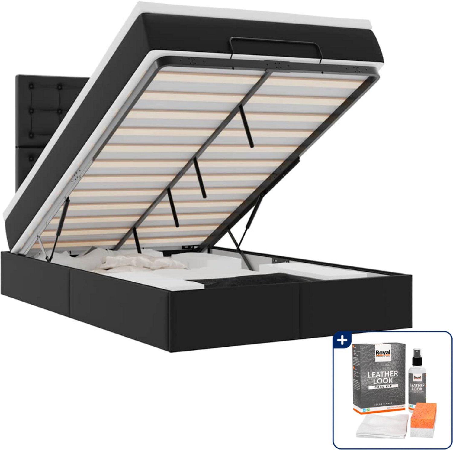 vidaXL ottoman bed met matras en led - 120 x 190 cm - kunstleer - zwart - Inclusief onderhoudsset voor kunstleer 150 ml Blauw
