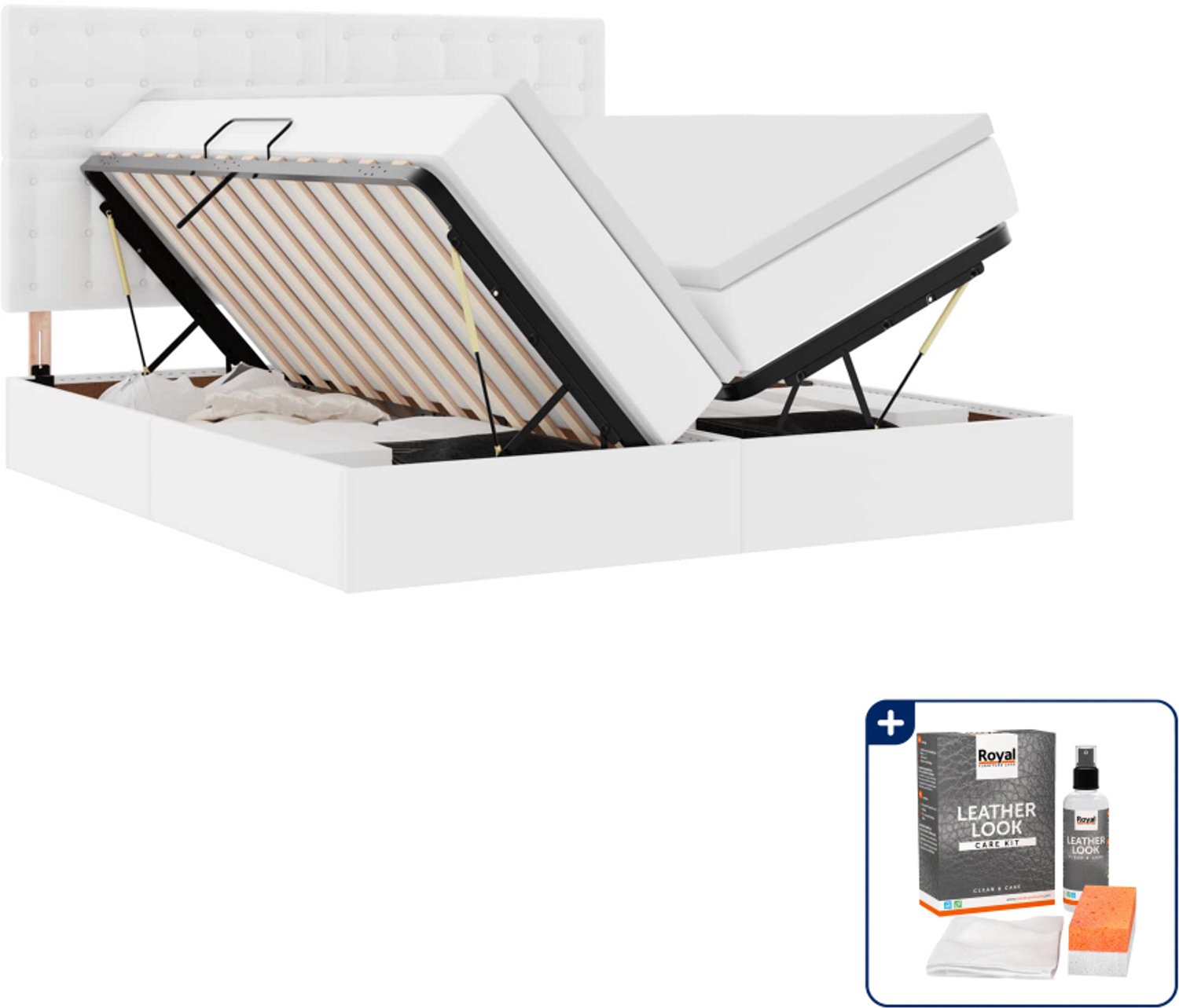 vidaXL opbergbed met matras - 200 x 200 cm - kunstleer - wit - Inclusief onderhoudsset voor kunstleer 150 ml
