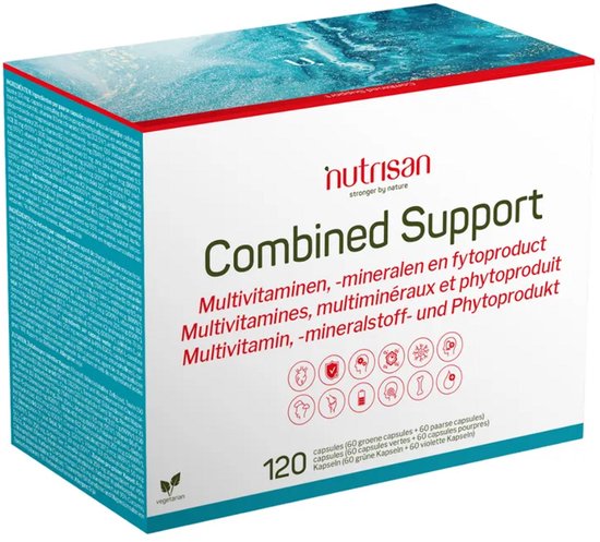 Nutrisan Combined Support doos met 120 capsules, bevat iconen voor gezondheidsondersteuning en een blauwe bovenkant.
