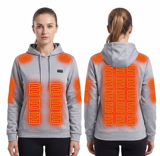 Vrouw draagt grijze hoodie met 31 oranje verwarmingszones, getoond van voor- en achterkant.