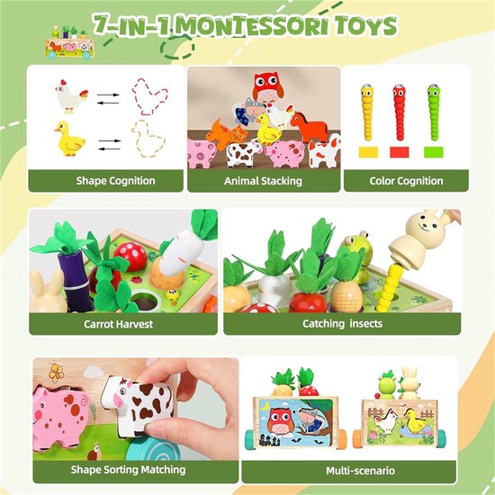 Montessori houten boerderijspeelgoed voor peuters – 7 in 1 educatief speelgoed vanaf 1 jaar – Wortel-insteekspel voor kinderen – Cadeaus voor baby's – Houten speelgoed voor jongens en meisjes van 2, 3, 4 en 5 jaar — afbeelding 2