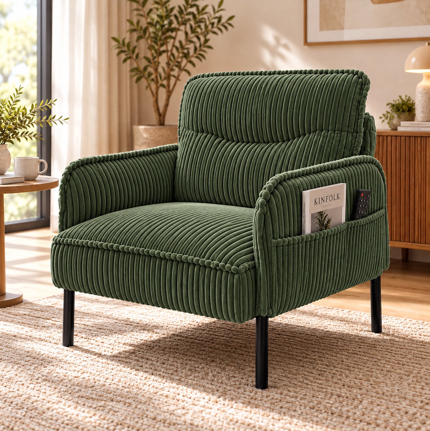 Wishdor 1-zits fauteuil - Zachte cordbekleding en hoge rugleuning - Zijvakken en gevoerde armleuningen - Metalen poten - Voor woonkamer slaapkamer en leeshoek - Groen - 73 x 69 x 83 cm