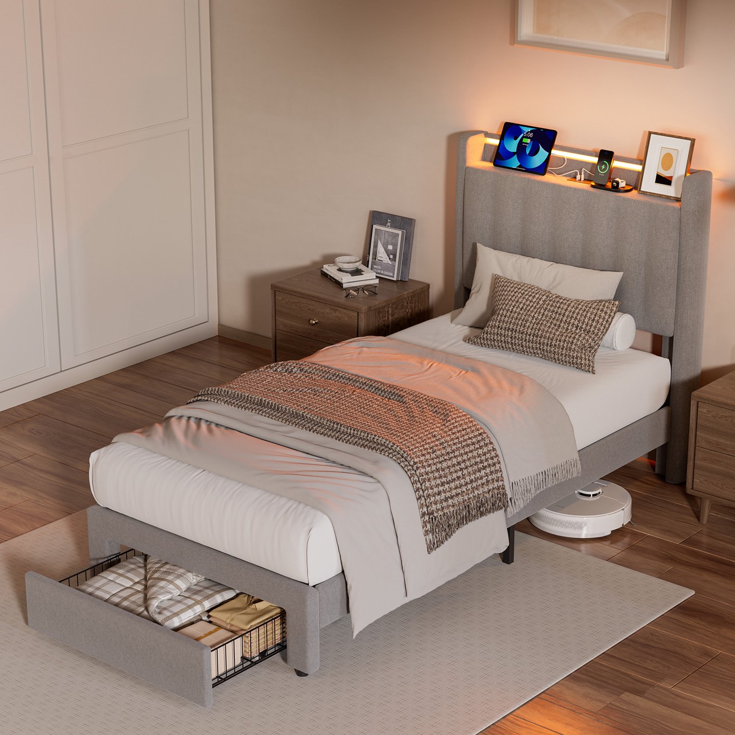 KUTAS Eenpersoonsbed 90x200 cm - 1 Persoons Bed met Lades - Met Hoofdbord en Lattenbodem - Draagkracht 300 kg - USB-A & USB-C Oplaadpoorten - LED-verlichting - Antislip & Geluidsarm - Grijs