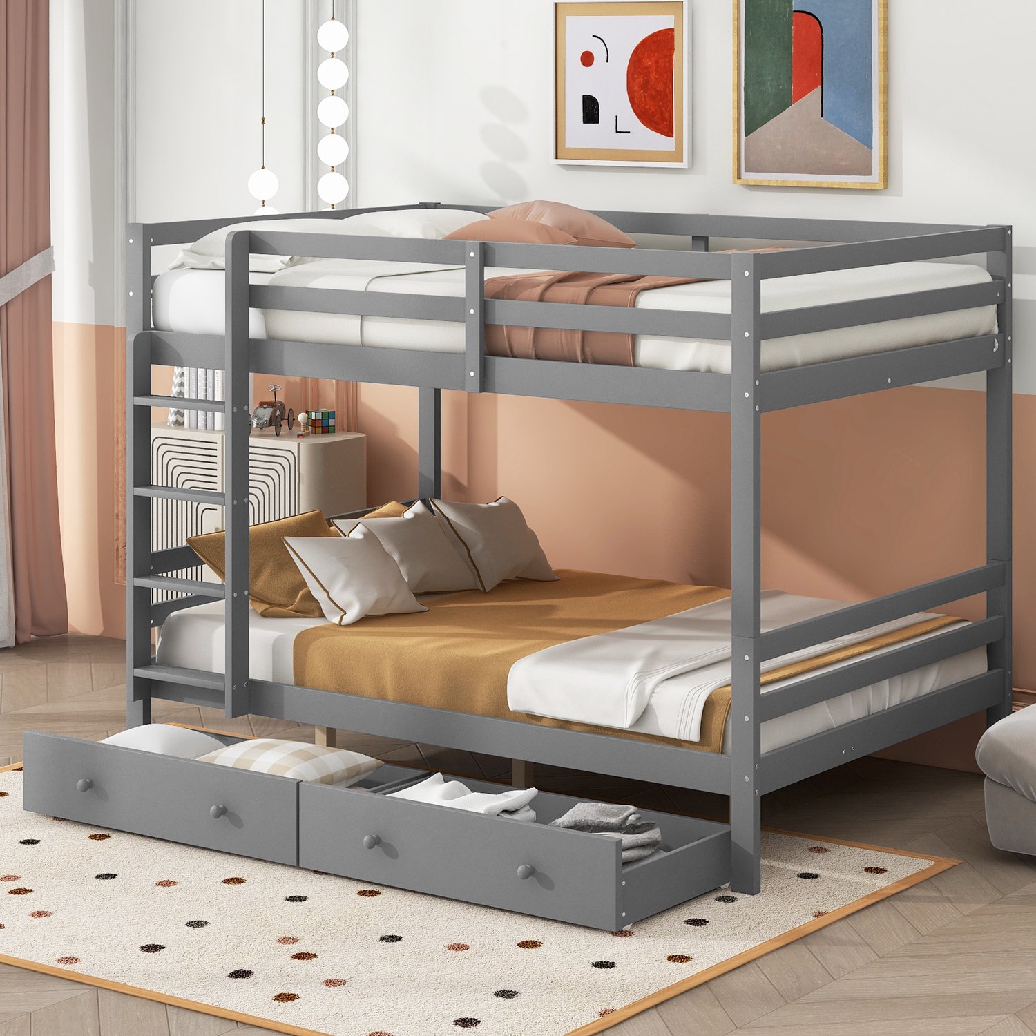 Zubaliya Stapelbed - 140 x 200 cm - Grijs - grenenhout - Lades - Opbergruimte