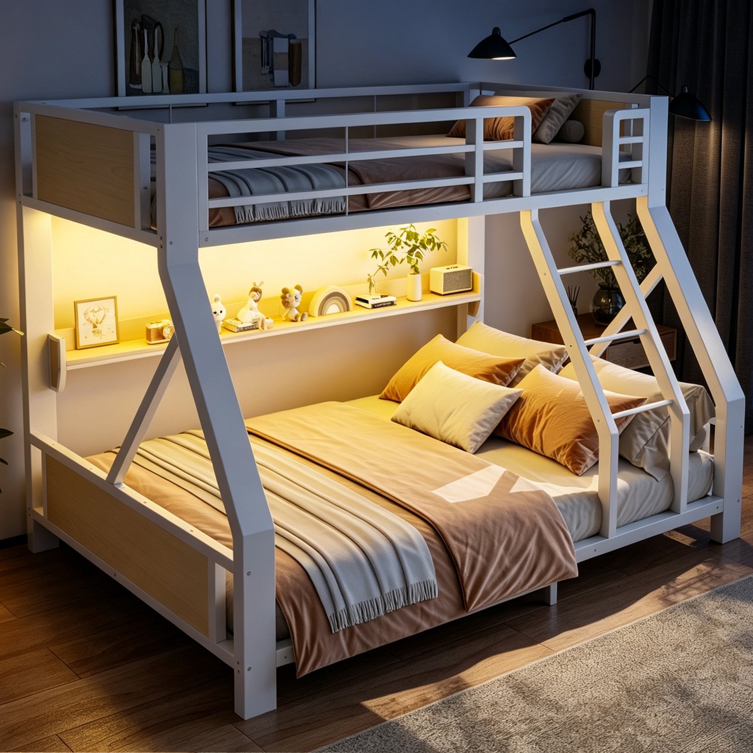 Zubaliya Stapelbed - 140 x 200 cm - Wit - metaal, hout - LED-verlichting - Opbergruimte