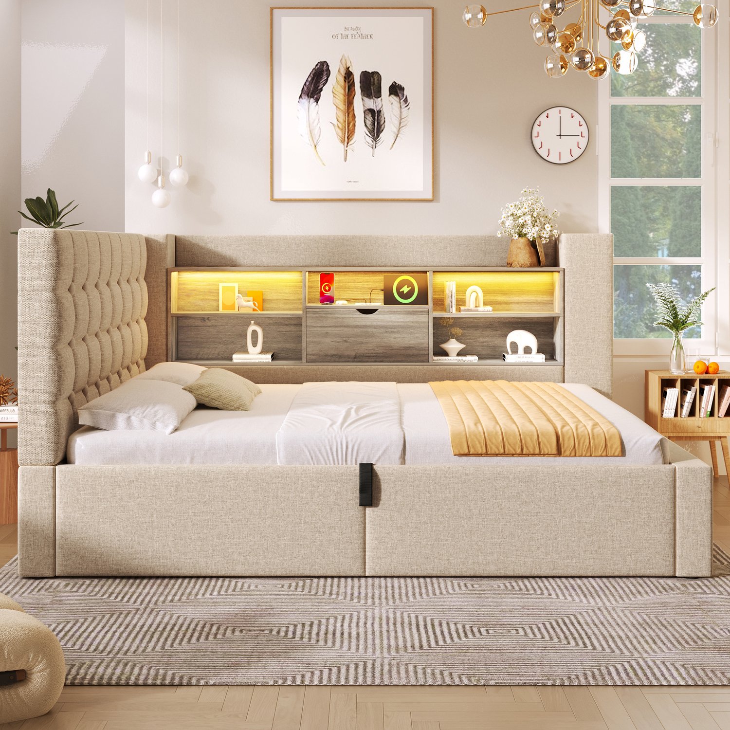MUVANO Tweepersoonsbed 140x190 cm - Opbergbed met LED en USB - L-vormig hoofdbord - Linnen bekleding - Hydraulische bedbodem - Slaapkamer Beige