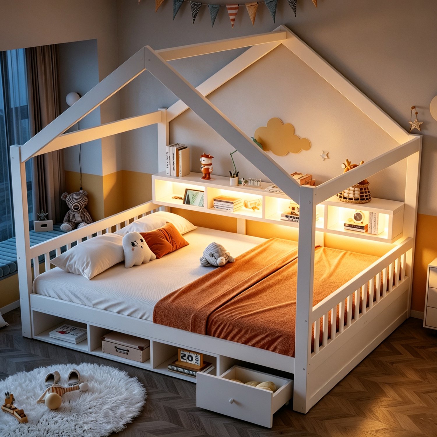 Zubaliya Bedframe - 140 x 200 cm - Wit - massief hout, MDF - Lades - Stopcontact - Lattenbodem