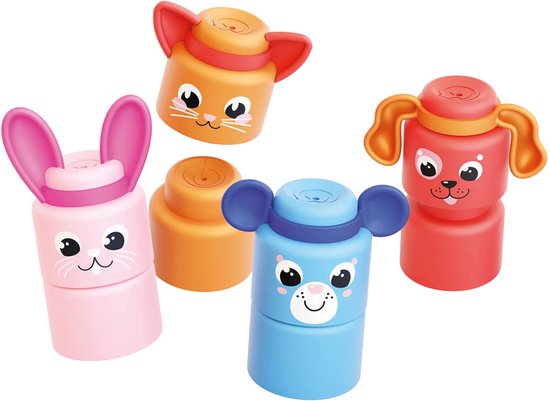 Set van vier stapelbare speelgoedfiguren als dieren in roze, oranje, blauw en rood.