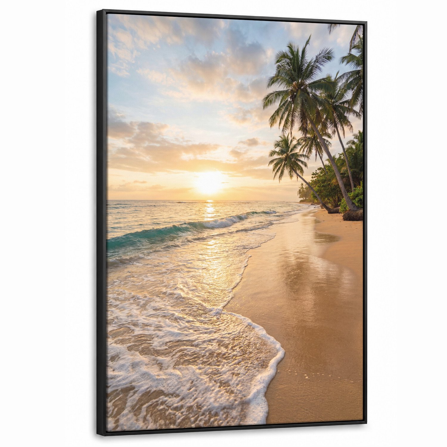 Canvas Schilderij met Baklijst XXL Canvas Schilderij met Baklijst 100x150cm - Strand - Zonsondergang - Tropisch - Natuur - Goud - Muurdecoratie woonkamer - Slaapkamer decoratie - Kamer accessoires - Schilderijen op canvas met lijst groot