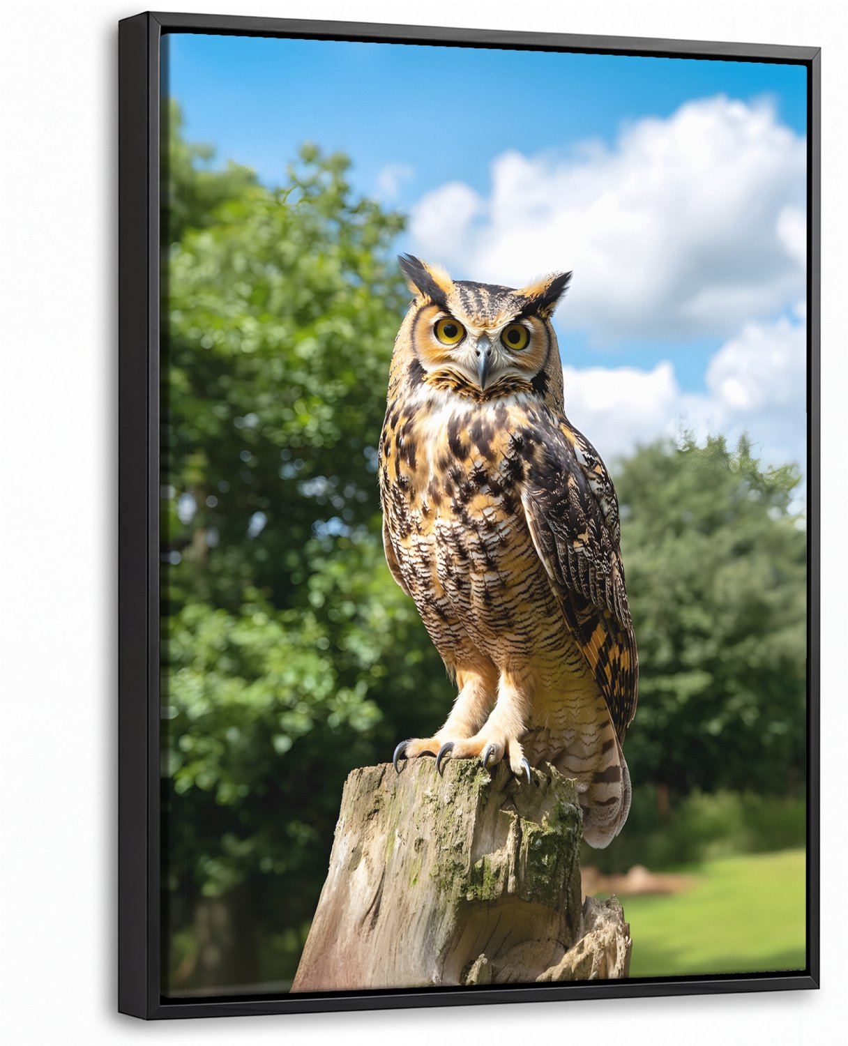 Canvas Schilderij met Baklijst 30x40cm - Uil - Boomstronk - Bos - Lucht - Muurdecoratie woonkamer - Slaapkamer decoratie - Kamer accessoires - Schilderijen op canvas met lijst