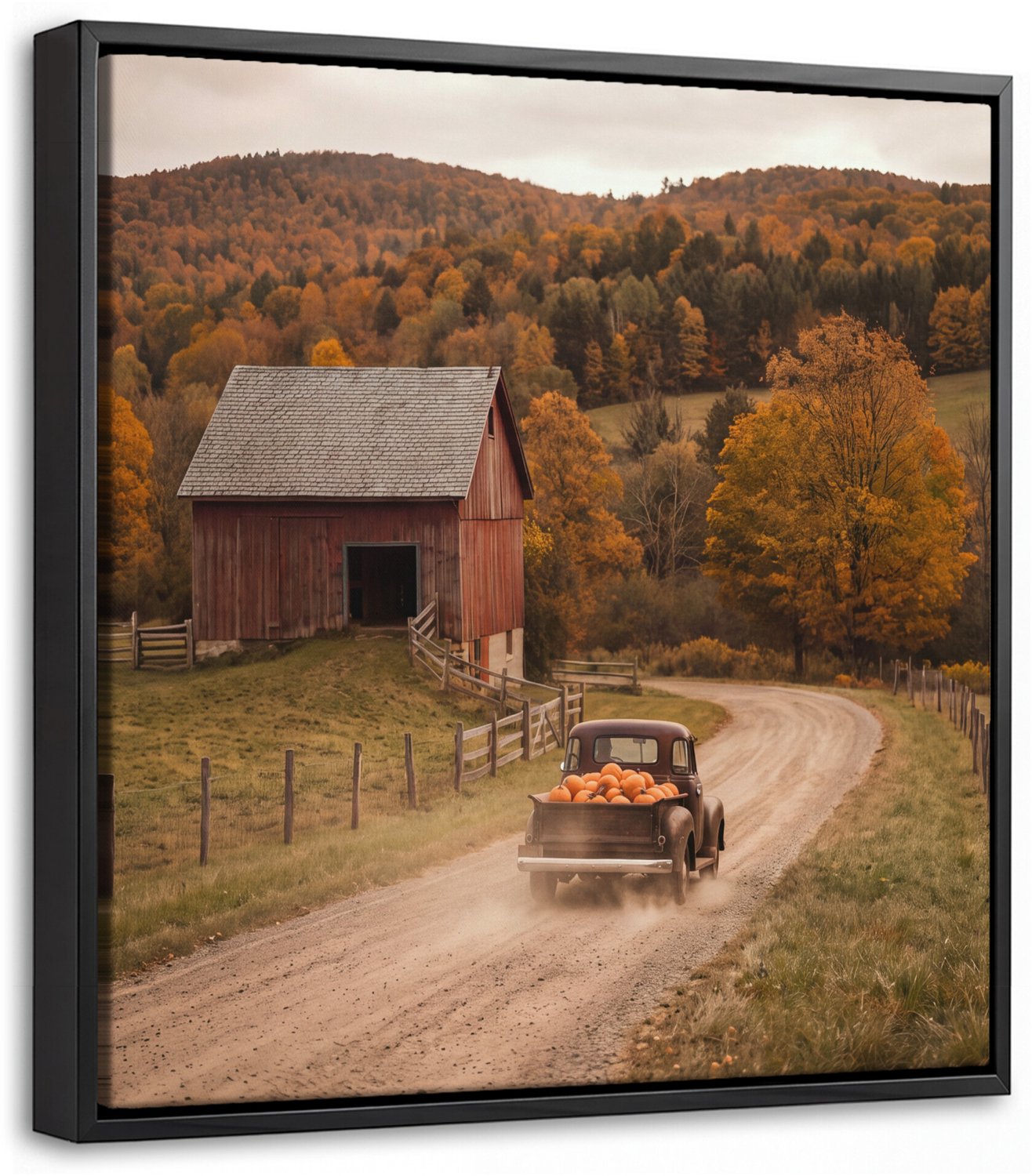 Canvas Schilderij met Baklijst 20x20cm - Vrachtwagen - Pompoenen - Herfst - Muurdecoratie woonkamer - Slaapkamer decoratie - Kamer accessoires - Schilderijen op canvas met lijst