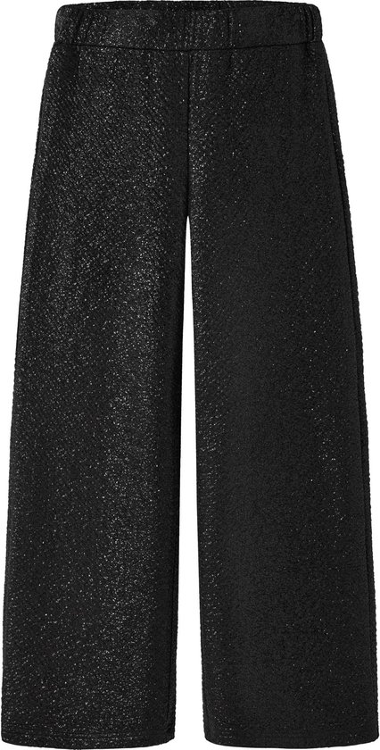 Zwarte wide-leg broek van glinsterende, gestructureerde stof, vooraanzicht.