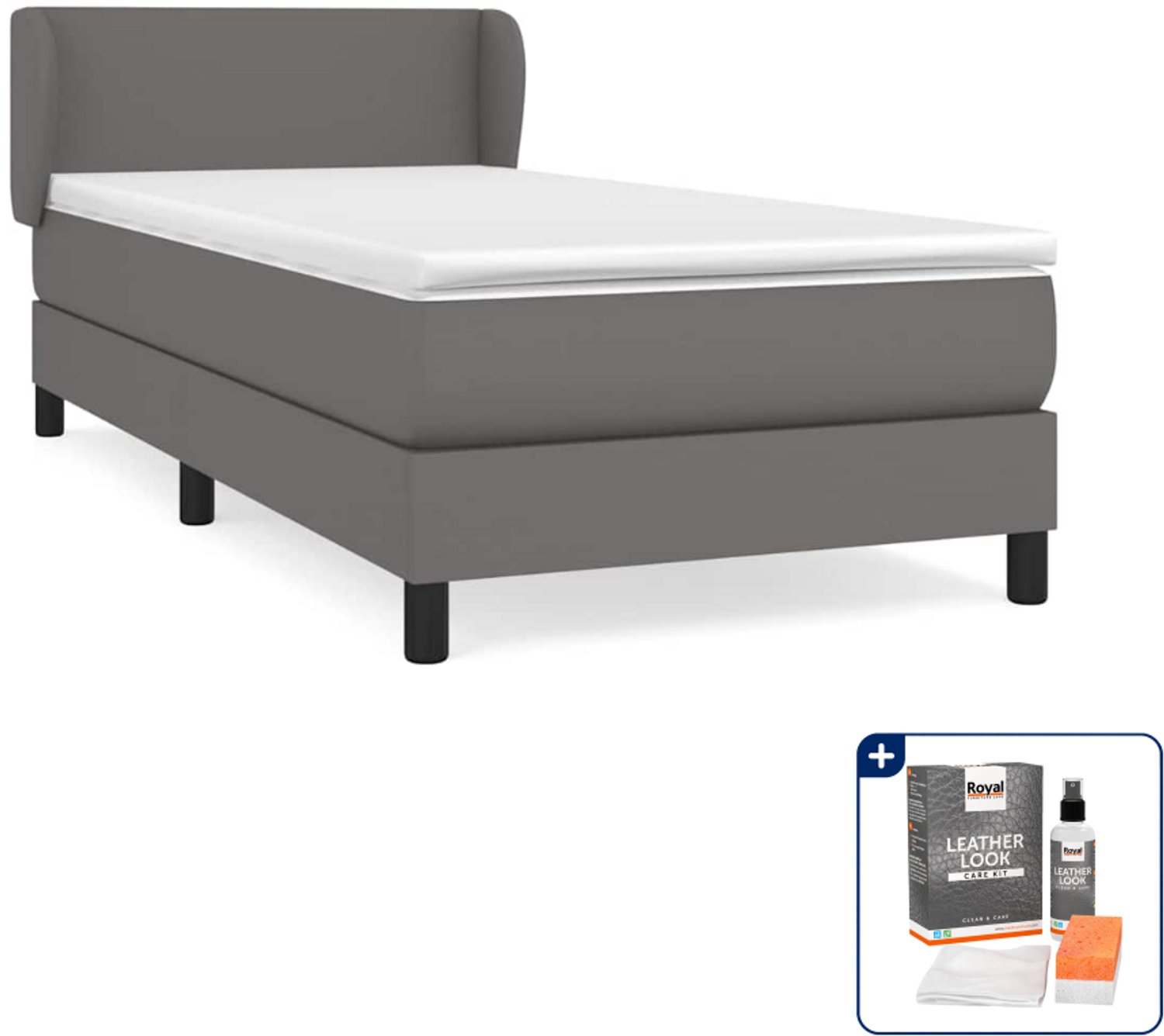 vidaXL boxspring met matras 100 x 200 cm - kunstleer - grijs - Inclusief onderhoudsset voor kunstleer 150 ml