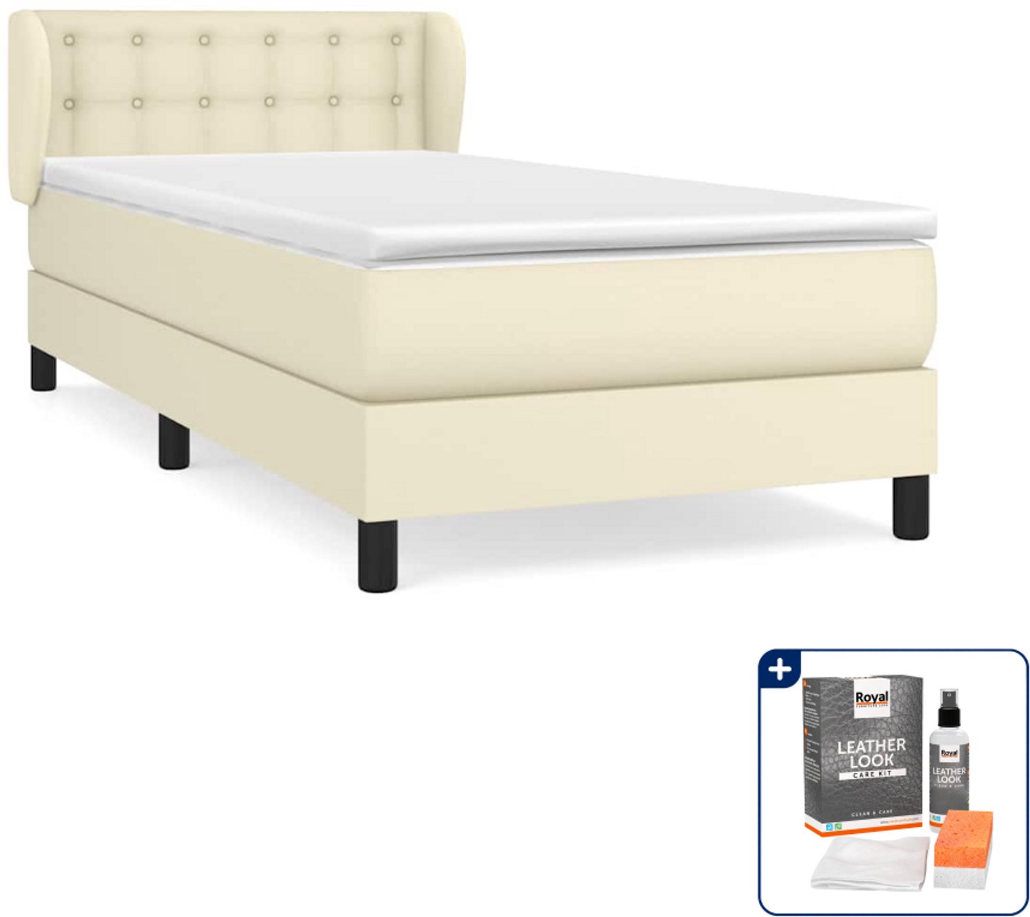 vidaXL boxspring met matras 100 x 200 cm - kunstleer - crème - Inclusief onderhoudsset voor kunstleer 150 ml