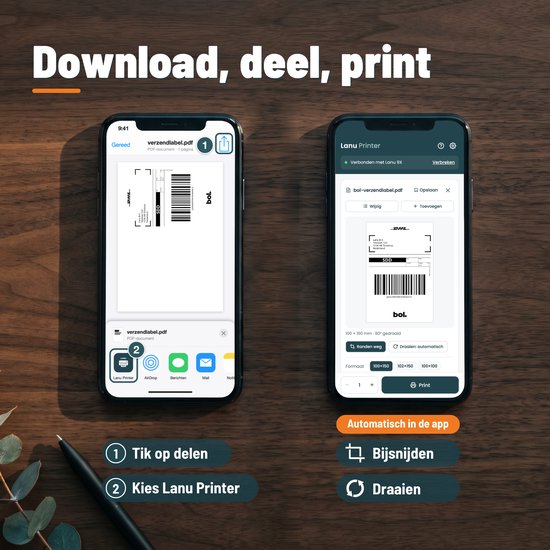 Twee smartphones tonen de Lanu printer-app voor het bewerken en printen van verzendlabels.