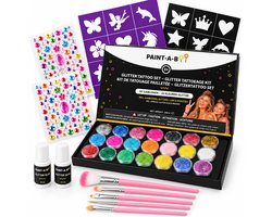 Paint-A-Boo Glitter Tattoo Set - Festival Glitters & Tattoos voor Kinderen en Volwassenen - 24 Kleuren, Sjablonen & Lijm - Carnaval & Feest