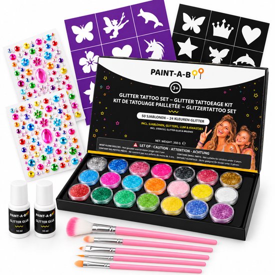 Paint-A-Boo glittertattooset met 24 kleuren glitters, vellen met edelsteentjes, sjablonen, lijm en vijf roze kwasten.