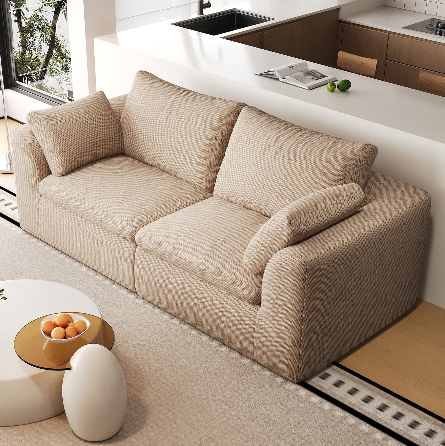MODENUIT Zitbank 180 x 90 x 83 cm - 2 Zitplaatsen Met Schuimvulling - Voor Woonkamer - Linnen - Khaki