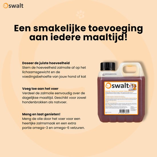 Oswalt zalmolie in een 1 liter jerrycan met oranje etiket en instructies voor dosering, toevoegen en mengen.