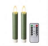 Foryouliving - LED kaarsen met flikkerende vlam 2x - Groen - Green - Afstandsbediening - Dinerkaars rustiek wax 15.5 cm - LED kaars batterij - Timer