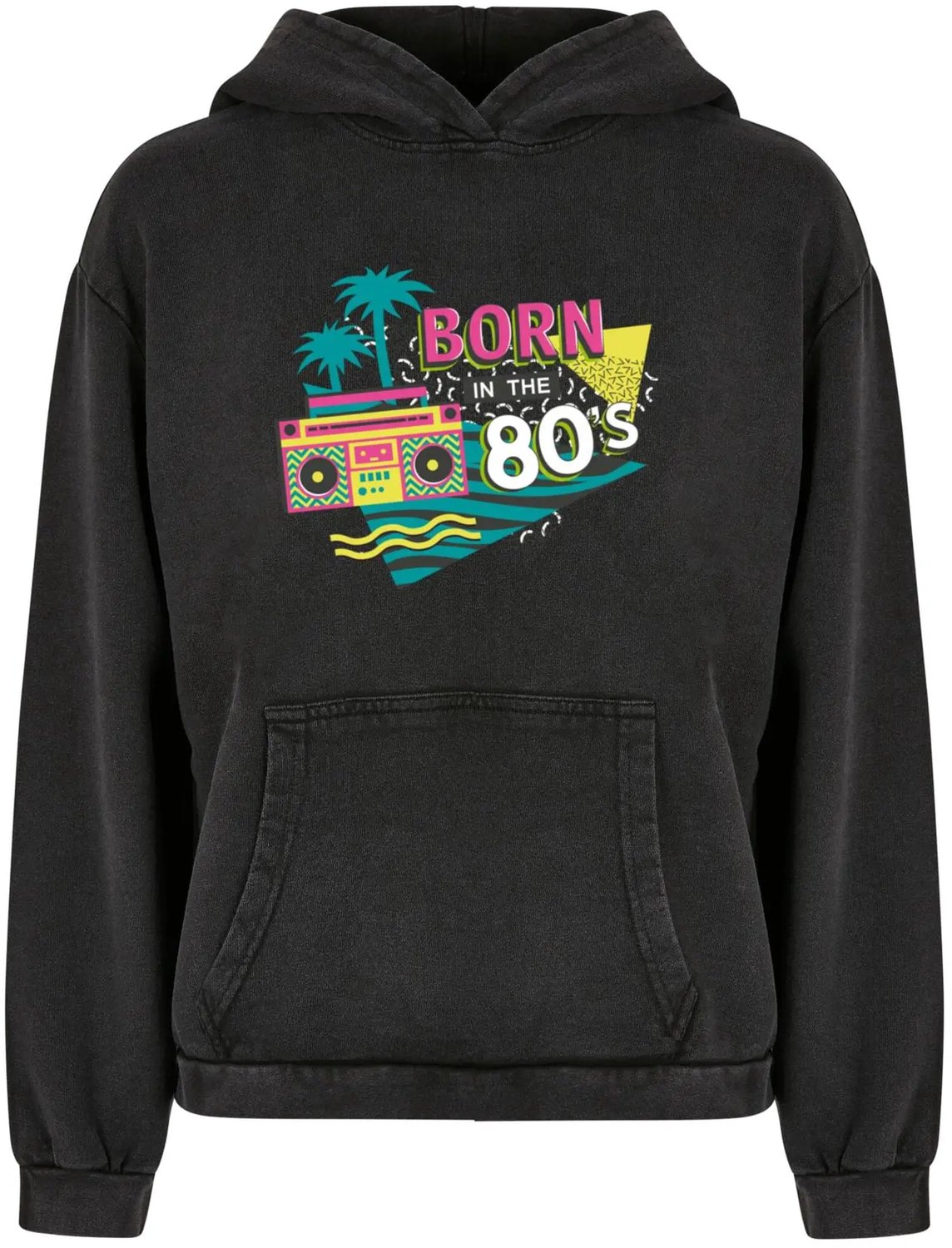 Dames Hoodie Oversized Mister Tee Born In The 80´s Acid Washed Zwart