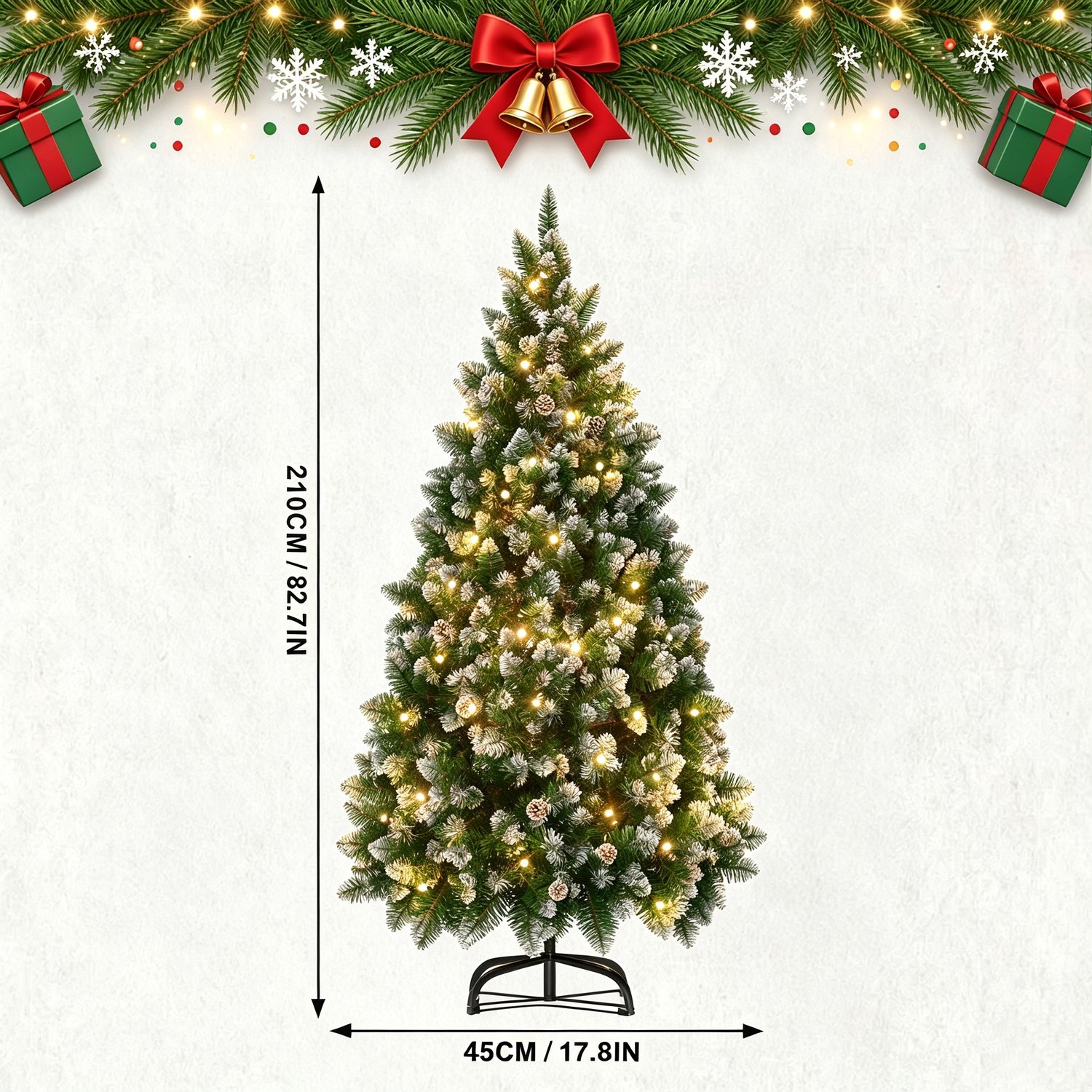 210cm Kunstkerstboom met lichtgevende groene PVC met sneeuweffect & dennenappels LED PVC kerstboom dennenboom decoratieve boom met standaard Kerstversiering voor kerstversiering – foto 3