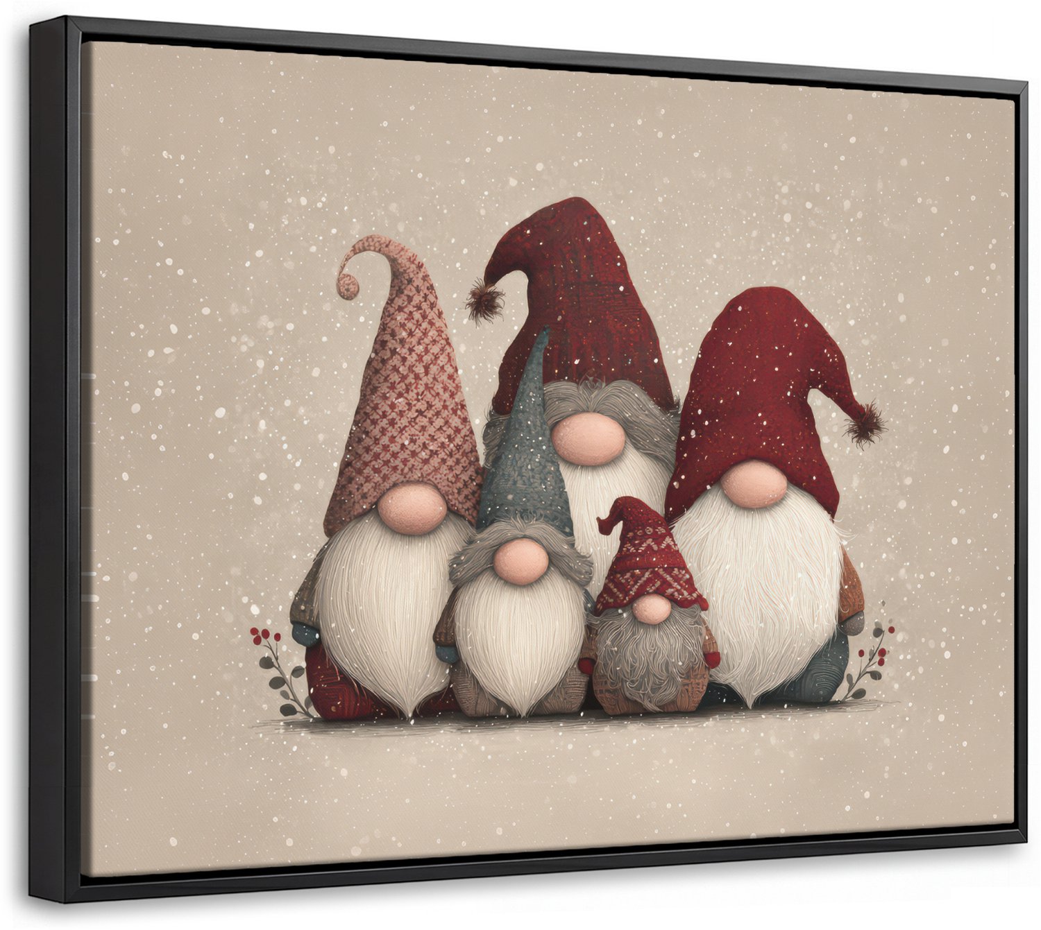 Canvas Schilderij met Baklijst 40x30cm - Kabouters - Kerst - Sneeuw - Puntmutsen - Muurdecoratie woonkamer - Slaapkamer decoratie - Kamer accessoires - Schilderijen op canvas met lijst