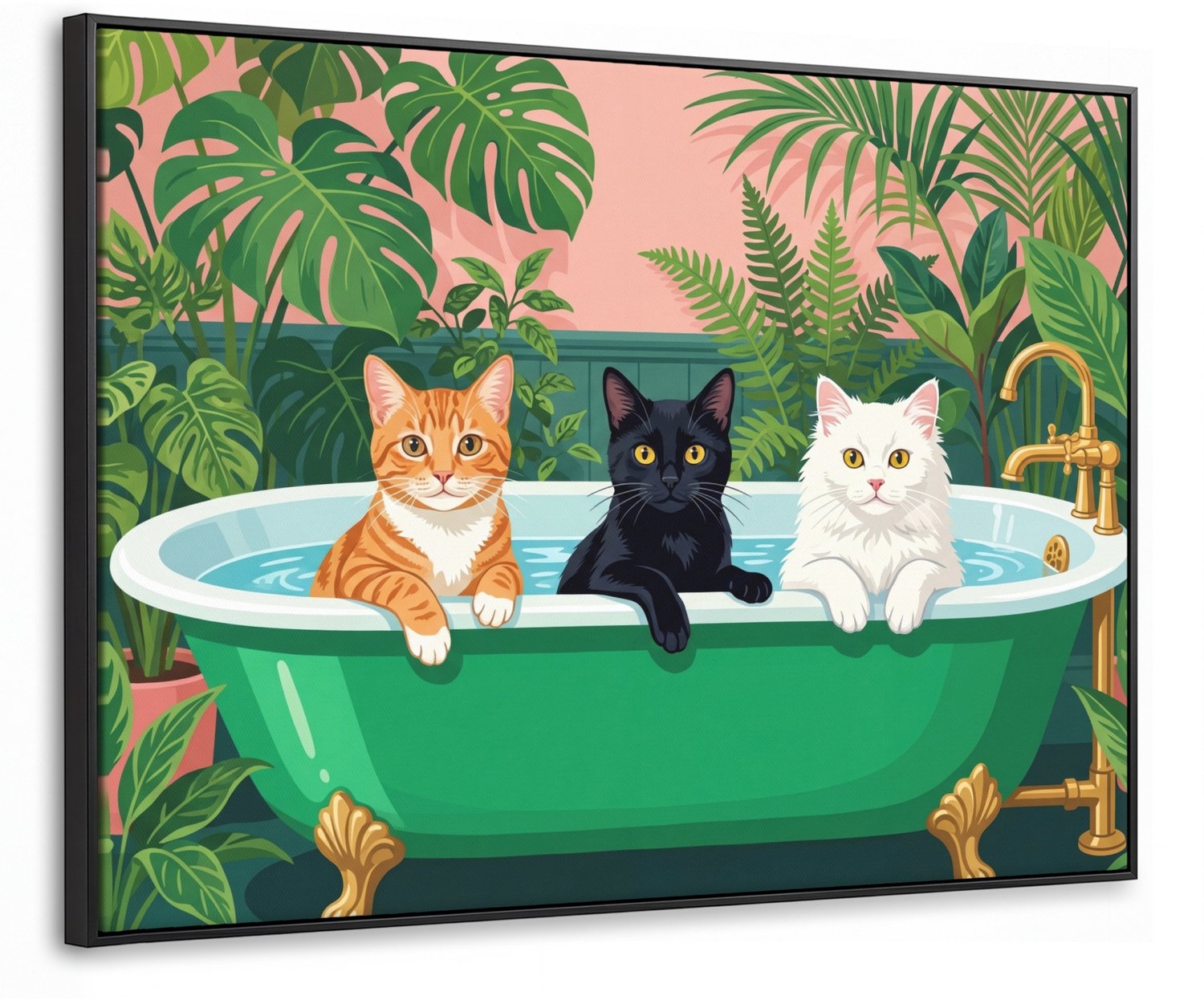 Canvas Schilderij met Baklijst 70x50cm - Badkamer - Kattenparade - Kleurrijk - Muurdecoratie woonkamer - Slaapkamer decoratie - Kamer accessoires - Schilderijen op canvas met lijst