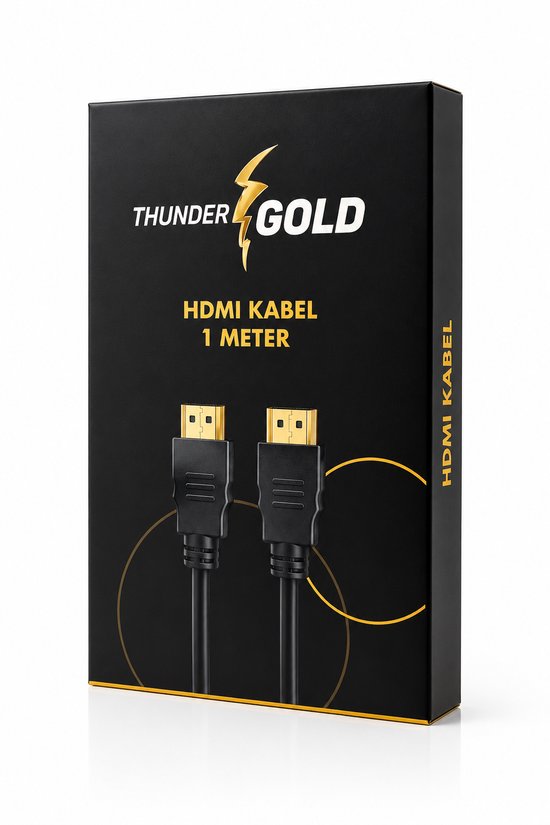 Zwarte doos van ThunderGold HDMI-kabel van 1 meter met gouden bliksemschichtlogo en afbeelding van HDMI-stekkers.