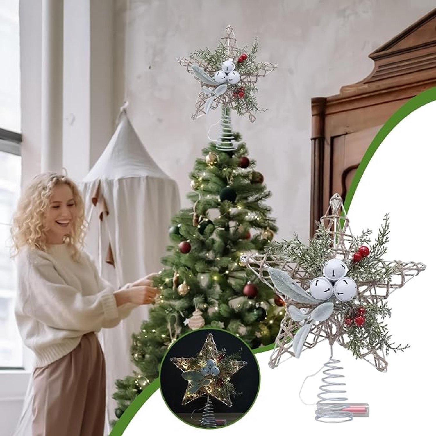 Glinsterende Kerstdecoratie - Kerstboom Piek - Piek kerstboom - Christmas piek - Vintage Verlichte Boomtopper Met Bel - Kerstboom topper - kerstversiering - kerstboomversiering - Verlichte Piek - Ster LED verlichting – foto 5