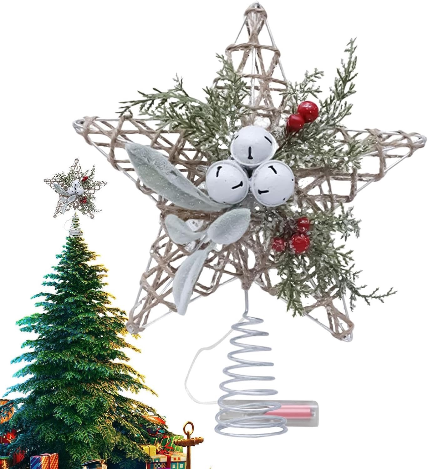 Glinsterende Kerstdecoratie - Kerstboom Piek - Piek kerstboom - Christmas piek - Vintage Verlichte Boomtopper Met Bel - Kerstboom topper - kerstversiering - kerstboomversiering - Verlichte Piek - Ster LED verlichting – foto 2