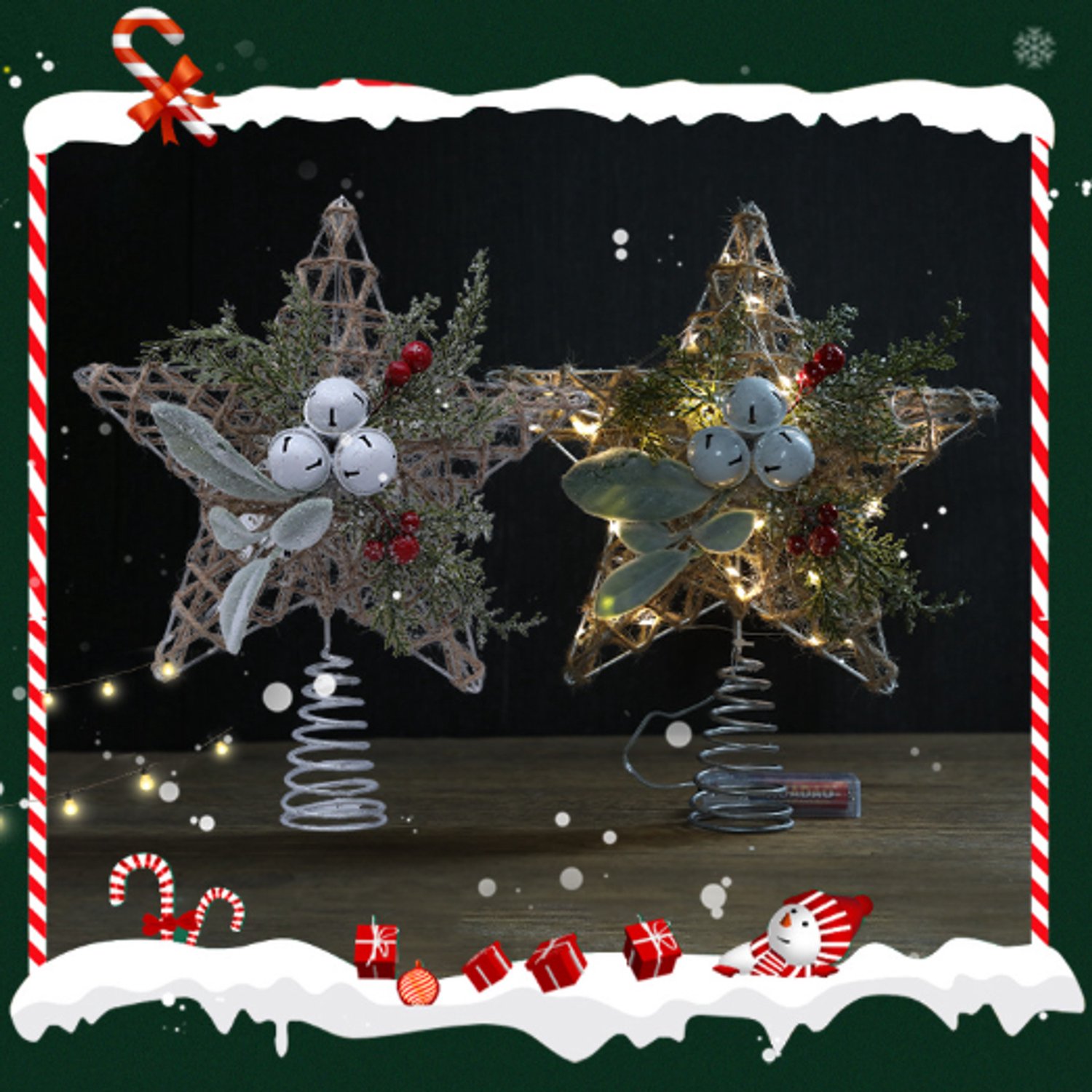 Glinsterende Kerstdecoratie - Kerstboom Piek - Piek kerstboom - Christmas piek - Vintage Verlichte Boomtopper Met Bel - Kerstboom topper - kerstversiering - kerstboomversiering - Verlichte Piek - Ster LED verlichting – foto 8