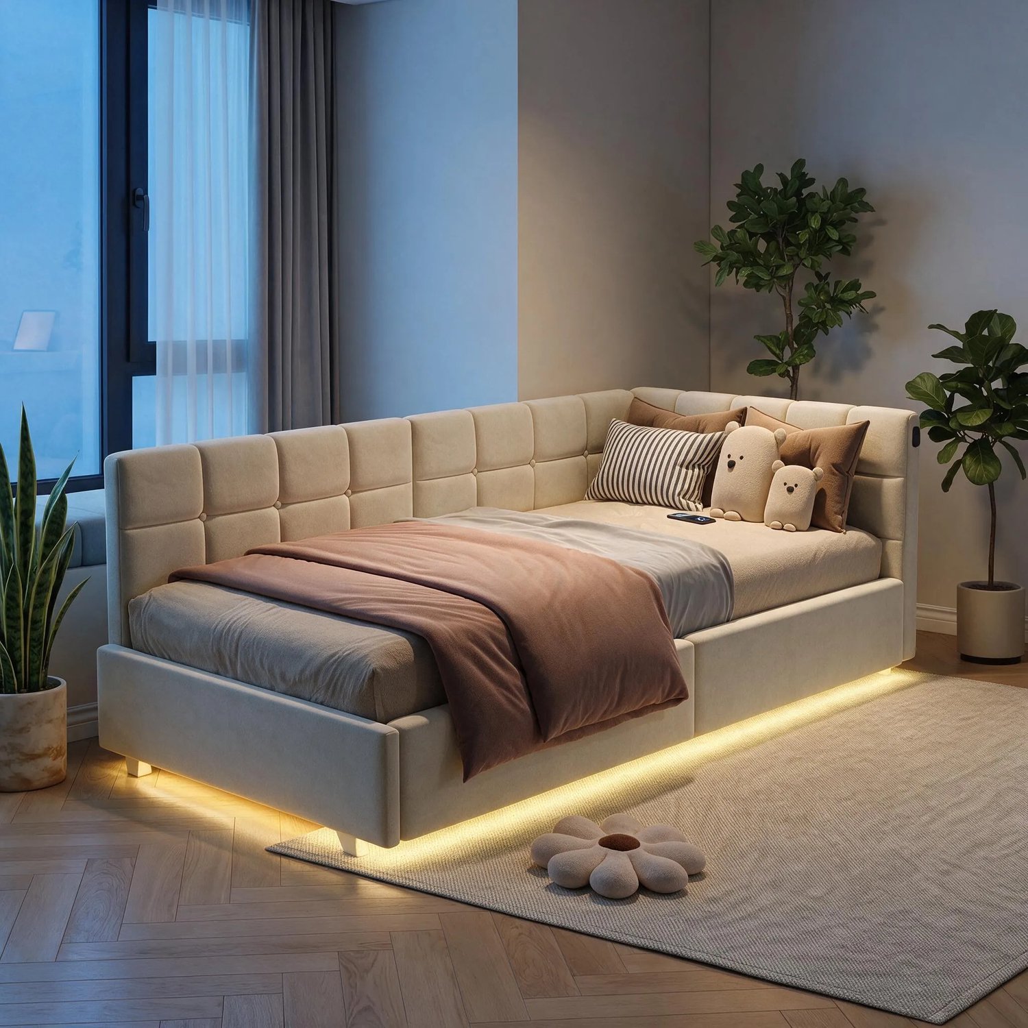 MEXUS Gestoffeerd bed 90x200 cm met opbergruimte, LED-verlichting en USB-poorten – multifunctioneel opbergbed / slaapbank van fluweel beige eenpersoonsbed met lattenbodem zonder matras