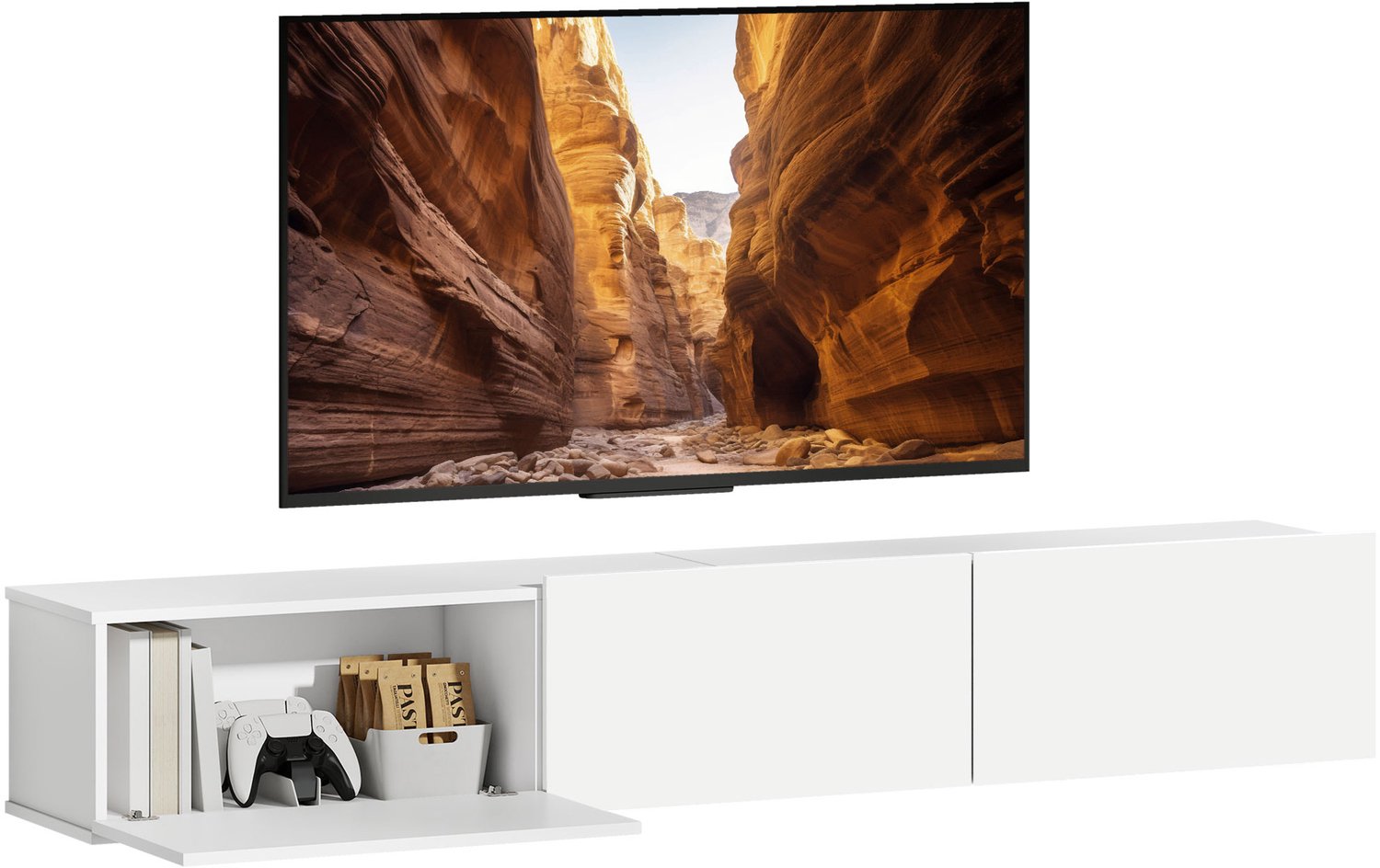 Lunpog Zwevend TV-Meubel Wit 180x31.5x29.8 cm – Wandgemonteerde TV-Kast met 3 Ladens & Opbergruimte