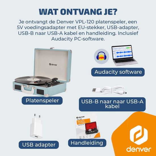 Denver Platenspeler - Ingebouwde Speakers - Incl. PC Software - Auto-stop - Retro - VPL120 - Blauw