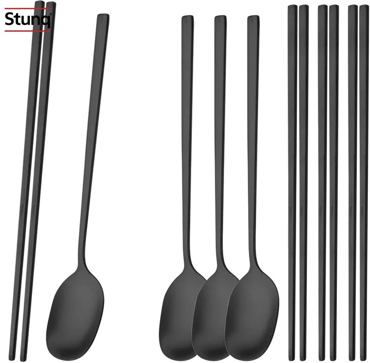 Stunq® Sushi Bestekset 8-delig - Mat Zwarte Eetstokjes en Lepels