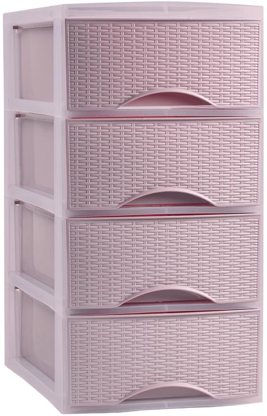 Roze ladeblok met vier lades met rotan-look textuur en gebogen handgrepen. De basis is transparant.