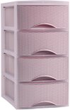 Roze ladeblok met vier lades met rotan-look textuur en gebogen handgrepen. De basis is transparant.