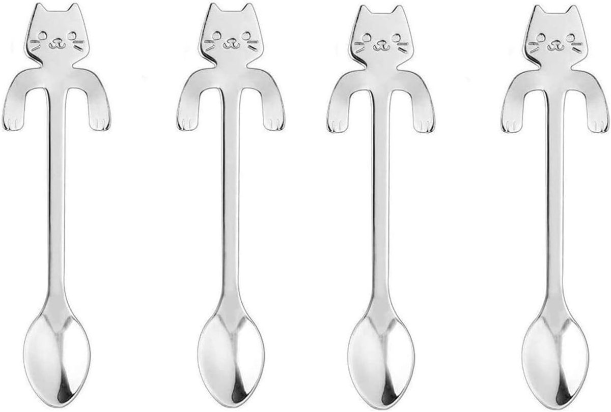 4 Theelepels Hangende kat - Koffie & Thee Lepeltjes - Hangende Kat - Zilver - 4 stuks